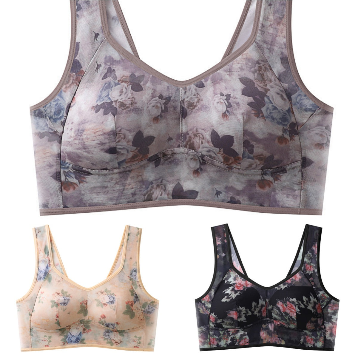 【Balení 3 ks】Plus Size podprsenka s potiskem a bez kostic