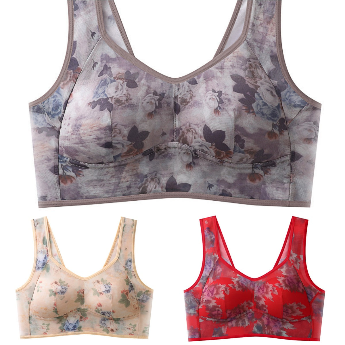 【Balení 3 ks】Plus Size podprsenka s potiskem a bez kostic