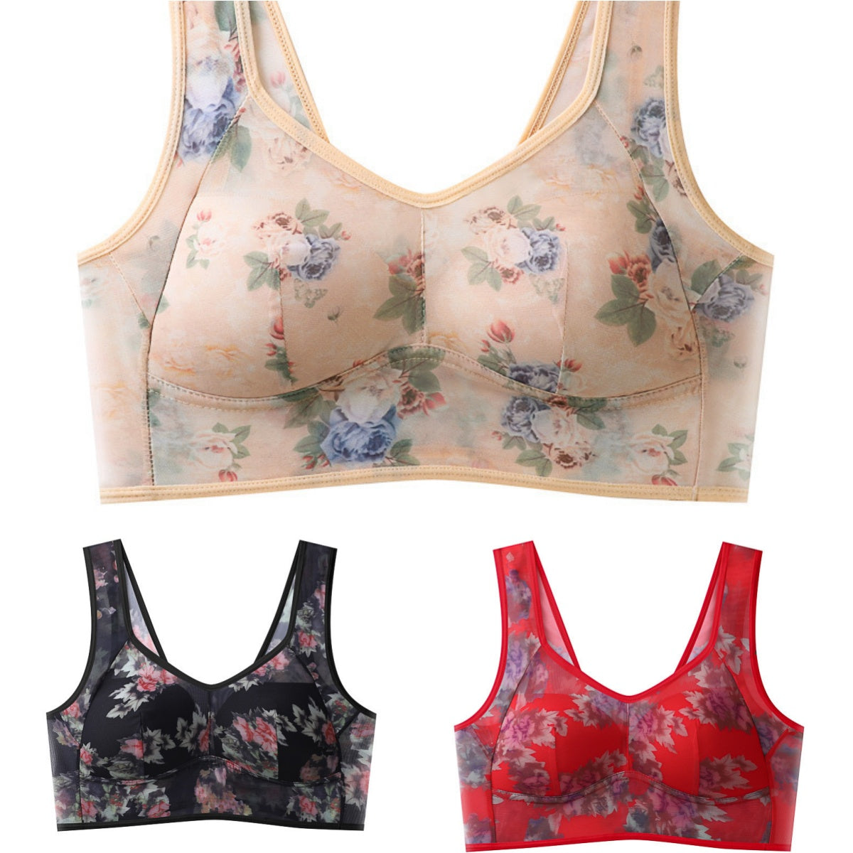 【Balení 3 ks】Plus Size podprsenka s potiskem a bez kostic