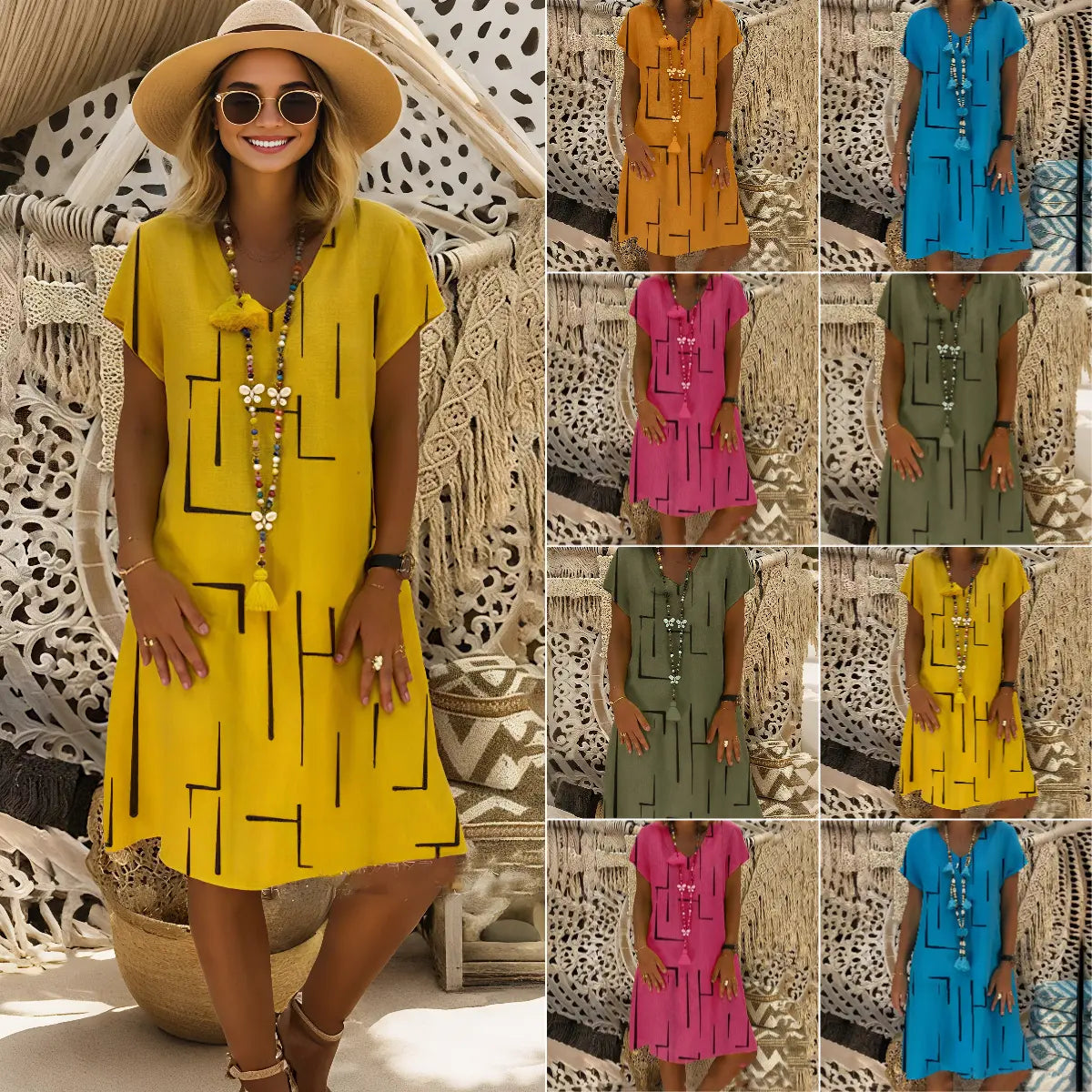 【50% OFF】【S-5XL】Potištěné bavlněné šaty s výstřihem do V