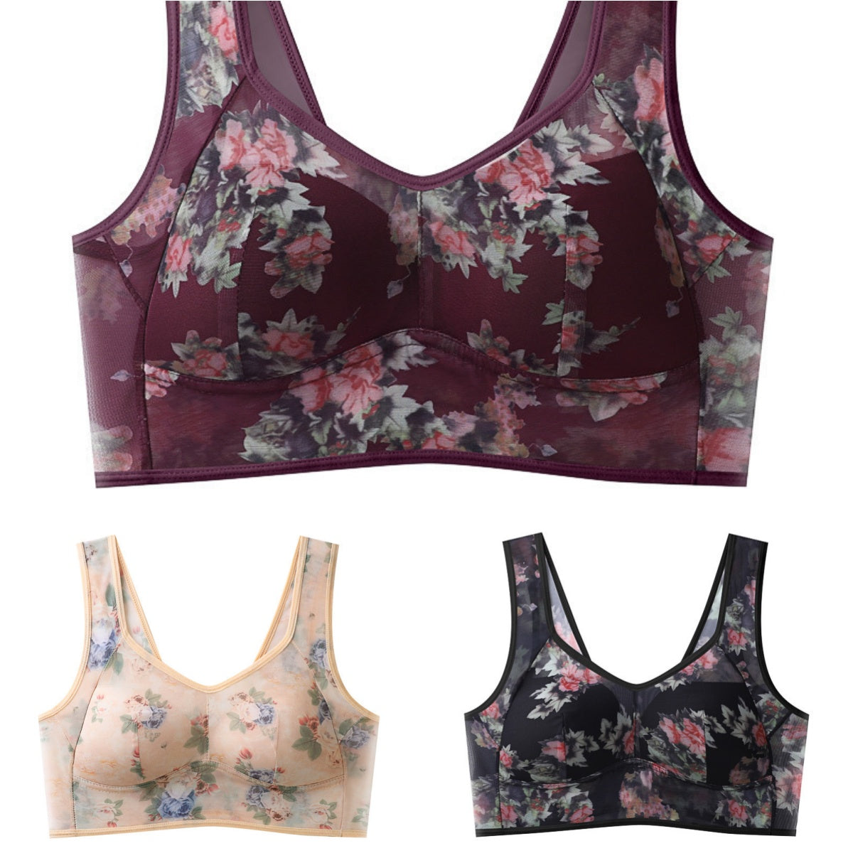 【Balení 3 ks】Plus Size podprsenka s potiskem a bez kostic